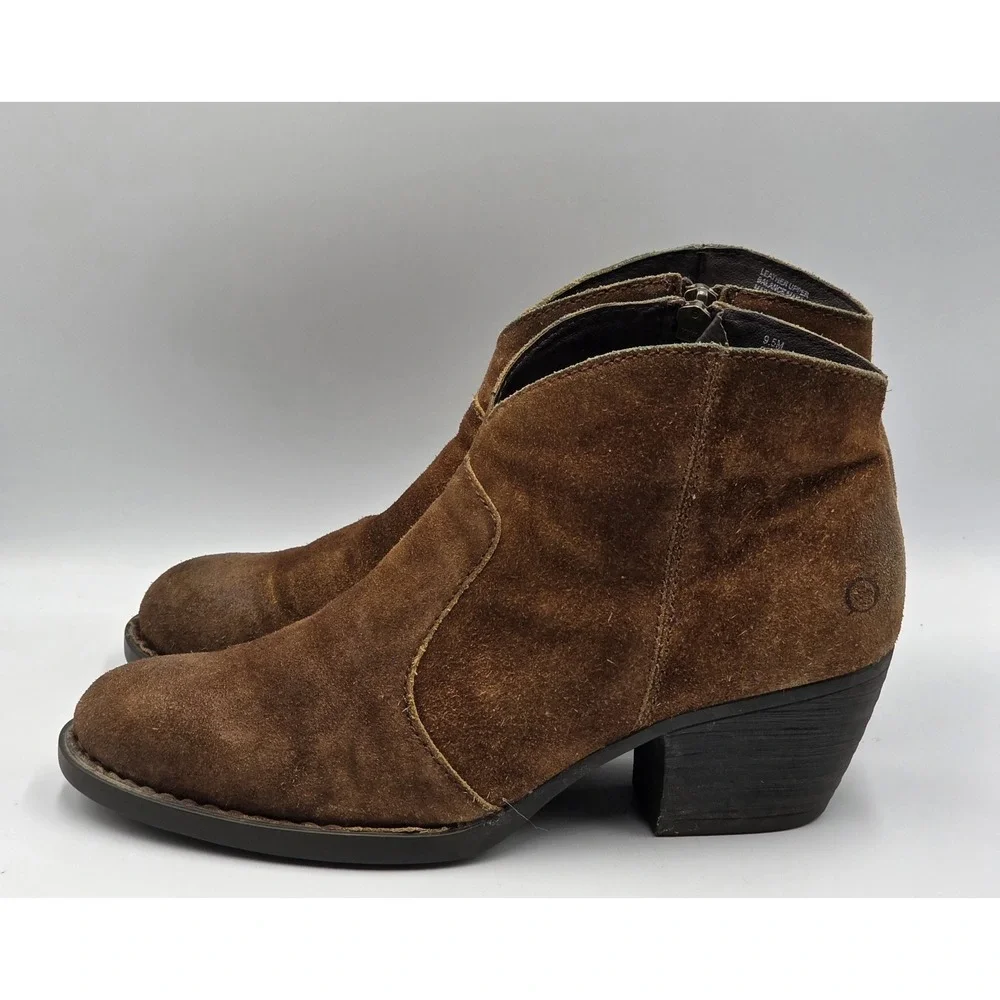 Born Womens 9.5M Ankle Boots Distressed Cognac Suede Leather Zip Booties
